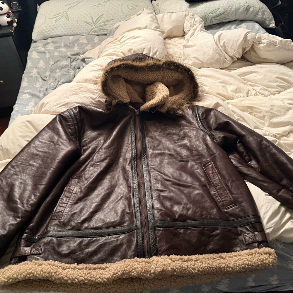 Men's Brown Leather Jacket with Faux Fur Lining